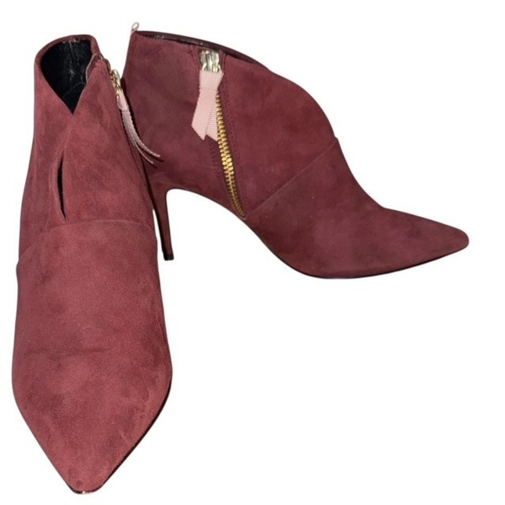 BODEN ALEXA SUEDE V CUT ZIP STILETTO HEEL BOOTIES BURGUNDY LUXURY SZ 6.5 EU 37